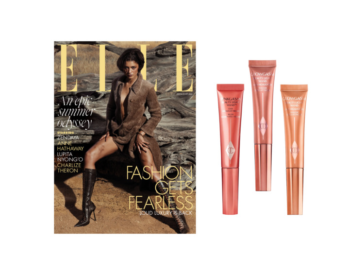 ELLE Magazine July/August 2026 + Harper's Bazaar Twin Pack & Charlotte Tilbury Beauty Light Wand Banner White Background